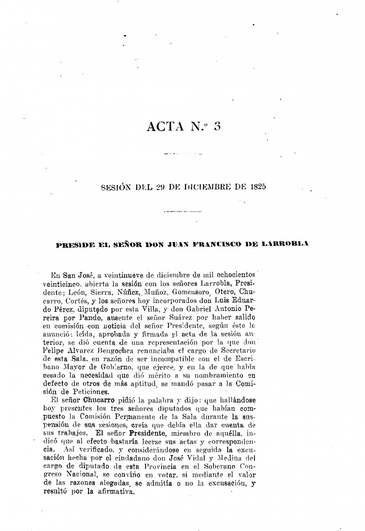 DIARIO DE SESIONES DE LA HONORABLE CAMARA DE REPRESENTANTES DE LA PROVINCIA ORIENTAL del 29/12/1825